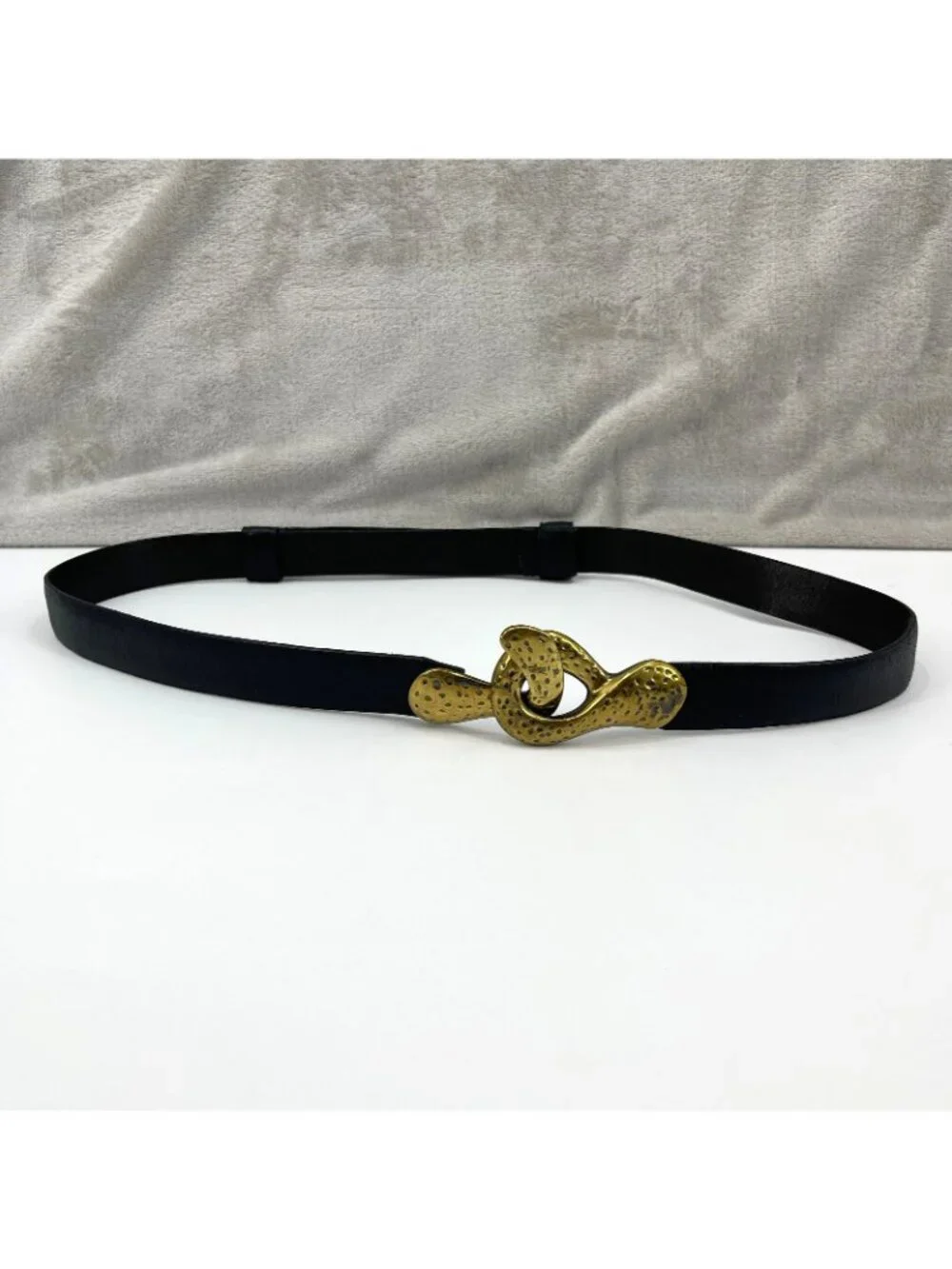 Vintage Chicos Women's M/L Black Leather Adjustable Hammered Brass Buckle Belt